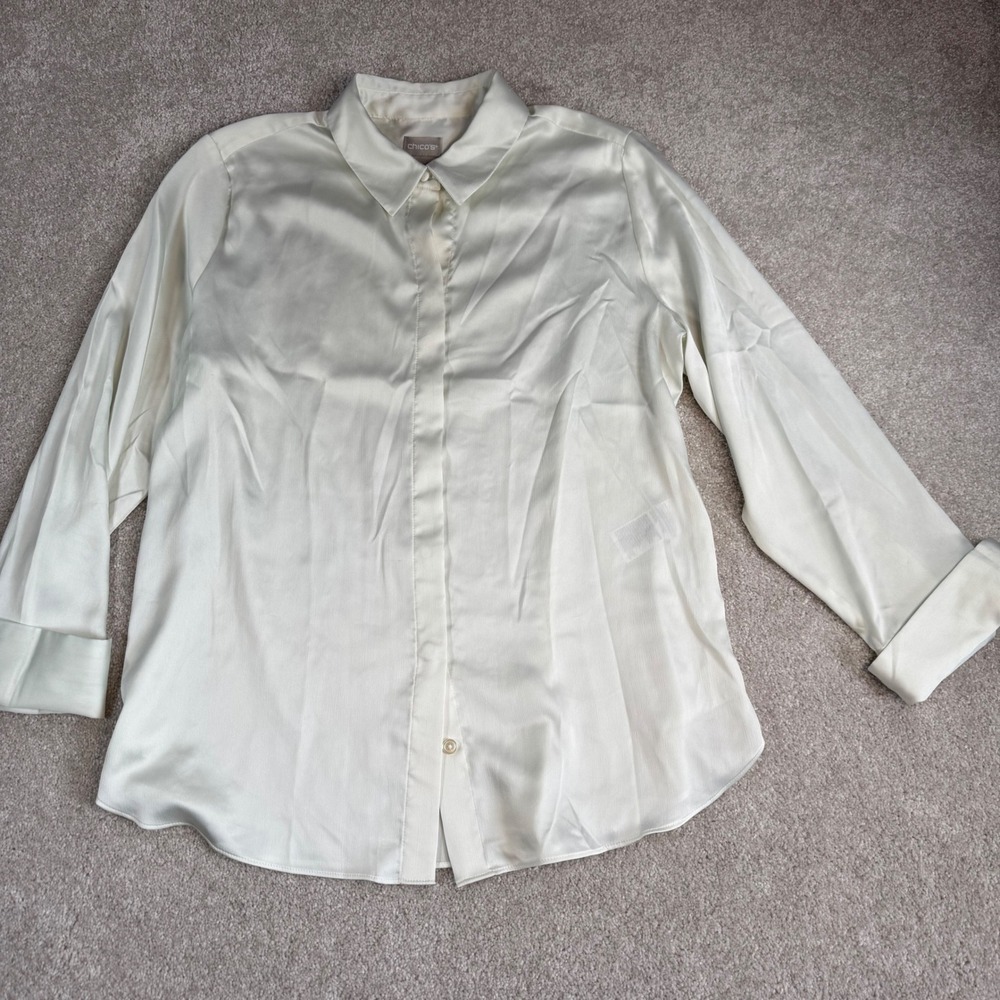 Chicos Ivory Satin Button Down Blouse Size 1 US 8/10 Long Sleeve French Cuffs